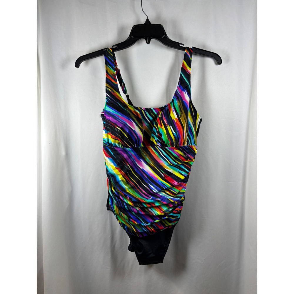 Trimshaper Womens Multicolor Striped Ruched‎ One Piece Swimsuit Size 14 6505303